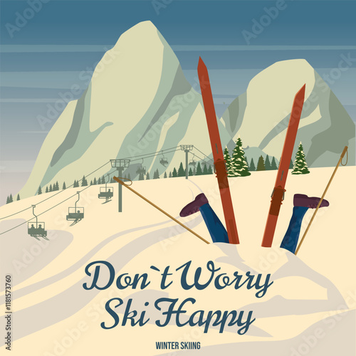 Male skier fell into snow drift, funny situation humor. Resort poster