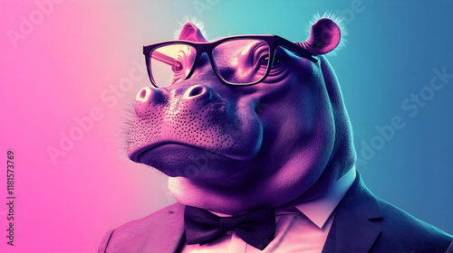 Hippo Wears Suit & Glasses in Vibrant Colors photo