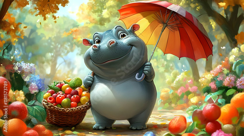 Hippo Carries Fruit Basket ...