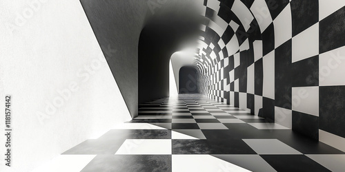 Black and white checkerboard tunnel with optical illusion effect