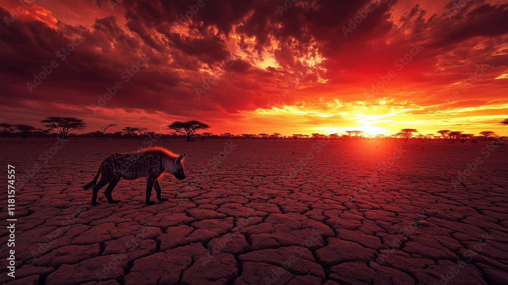 Naklejka premium 赤い夕空の下、乾いたサバンナを歩くハイエナとアカシアの木