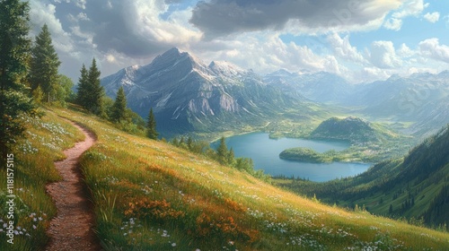 Fototapeta Naklejka Na Ścianę i Meble -  A mountain trail curving around a hillside, revealing a breathtaking lake vista below