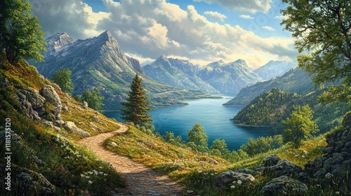 Fototapeta Naklejka Na Ścianę i Meble -  A mountain trail curving around a hillside, revealing a breathtaking lake vista below