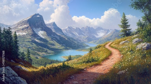 Fototapeta Naklejka Na Ścianę i Meble -  A mountain trail curving around a hillside, revealing a breathtaking lake vista below