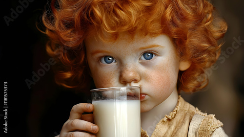 Redhead Child Drinks Milk C...