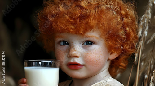Child Drinks Milk: Red Hair...