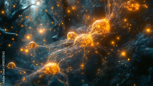 Digital visualization of GABA pathway brain inhibitory connection highlighted soft tranquil tone surrounded glowing synapsis photo