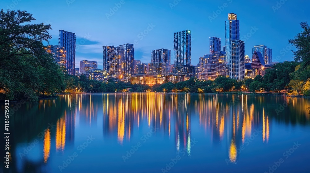 Naklejka premium A panoramic view of a vibrant city at dusk, the skyline glowing and reflecting in a tranquil lake