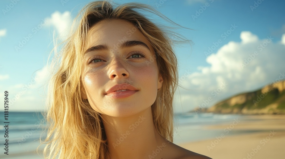 The beach under the blue sky and white clouds and the beautiful woman looking like she is enjoying her holiday The beach under the blue sky and white clouds and the beautiful woman looking like she is enjoying her holiday