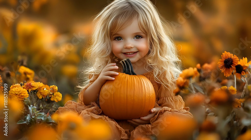 Little Girl Holds Pumpkin i...