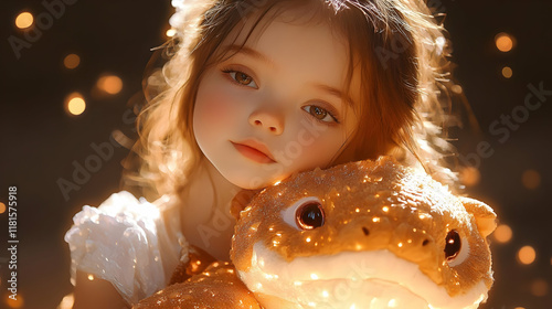 Girl Cuddles Glowing Toy Dr...