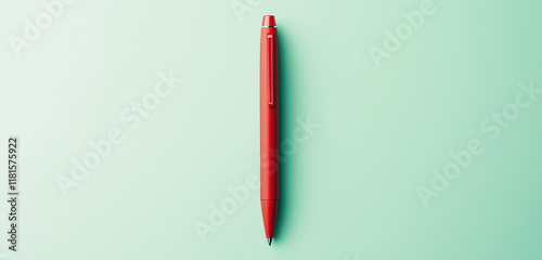 A bold red pen with a matte finish standing upright on a pastel green background, offering a minimalist design with copy space.