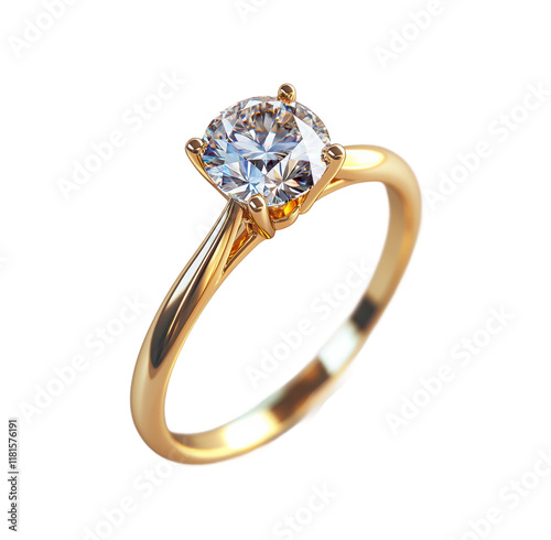Golden engagement ring with large sparkling diamond in prong setting, luxury jewelry for weddings or proposals, high-quality craftsmanship, elegant design, isolated on transparent background