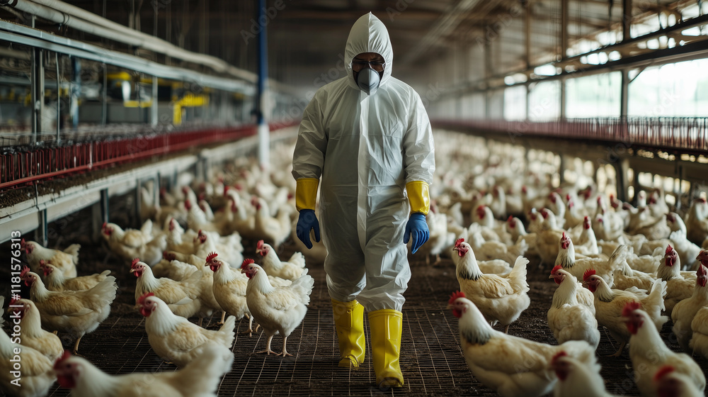 A person in protective gear standing among hundreds of chickens, wearing blue gloves and white coveralls,Generative AI A person in protective gear standing among hundreds of chickens, wearing blue gloves and white coveralls,Generative AI