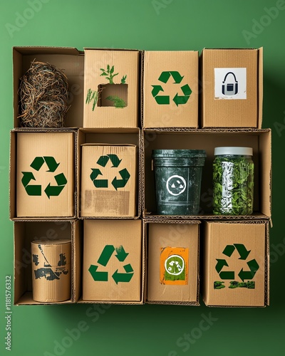 Cardboard boxes adorned with vibrant ecofriendly icons, including recycling logos and earth conservation imagery, placed against a fresh green background photo