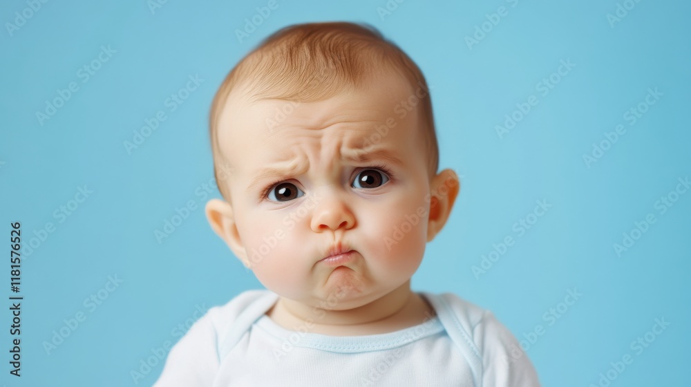 Child displays a funny, discontented expression against a light blue background while wearing a light-colored outfit during playful indoor activity Child displays a funny, discontented expression against a light blue background while wearing a light-colored outfit during playful indoor activity