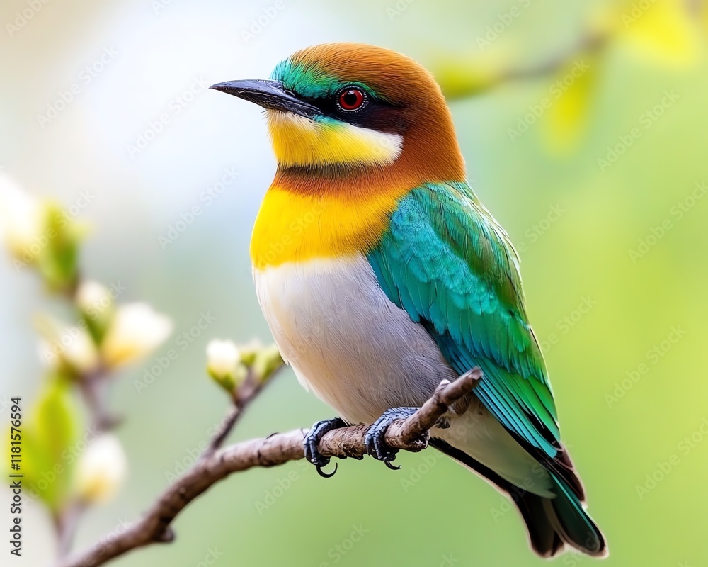 Fototapeta premium Colorful bird perched on a blooming branch.
