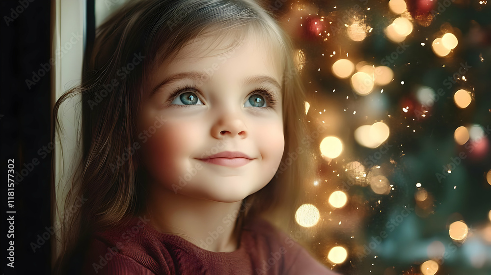 Child Smiles at Sparkling Lights: Holiday Magic and Cheer