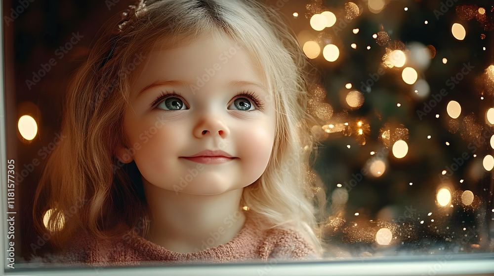 Child Gazes at Sparkling Lights with Wonder and Joy During Festive Season Child Gazes at Sparkling Lights with Wonder and Joy During Festive Season