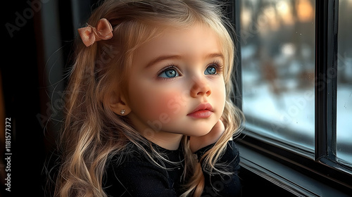 Little Girl Gazes Out Windo...