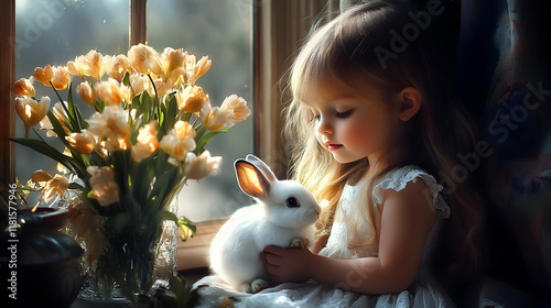 Girl Holds Bunny by Window ...