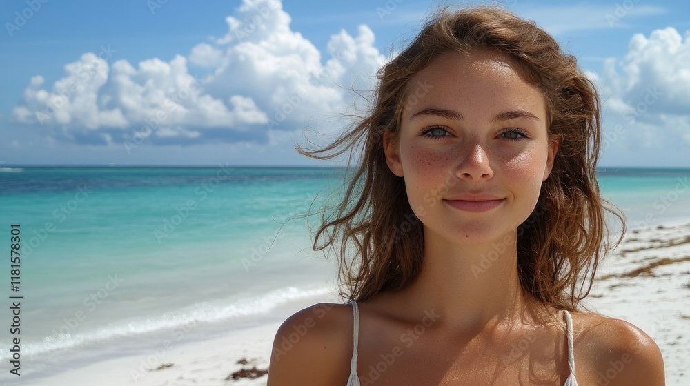 The beach under the blue sky and white clouds and the beautiful woman looking like she is enjoying her holiday The beach under the blue sky and white clouds and the beautiful woman looking like she is enjoying her holiday