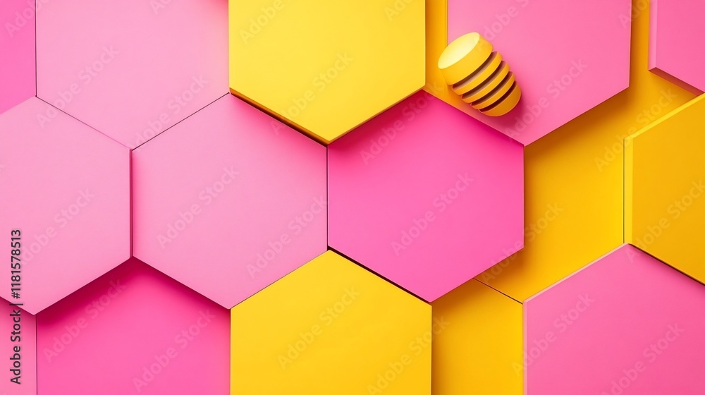 Abstract pink and yellow honeycomb pattern with a single bee. Abstract pink and yellow honeycomb pattern with a single bee.