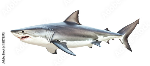 Great white shark swimming, dangerous marine predator with sharp teeth, ocean wildlife animal, realistic aquatic sea creature illustration isolated on transparent background