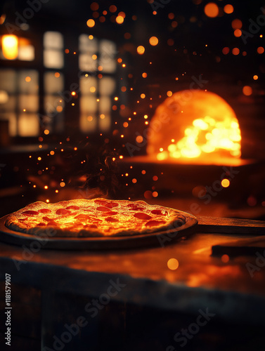 Leckere Pizza frisch aus dem Holzofen mit glühenden Flammen im Hintergrund

 photo