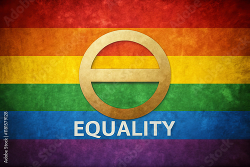 Rainbow flag with gold equality symbol and “Equality” text, representing LGBTQ+ rights and inclusion.