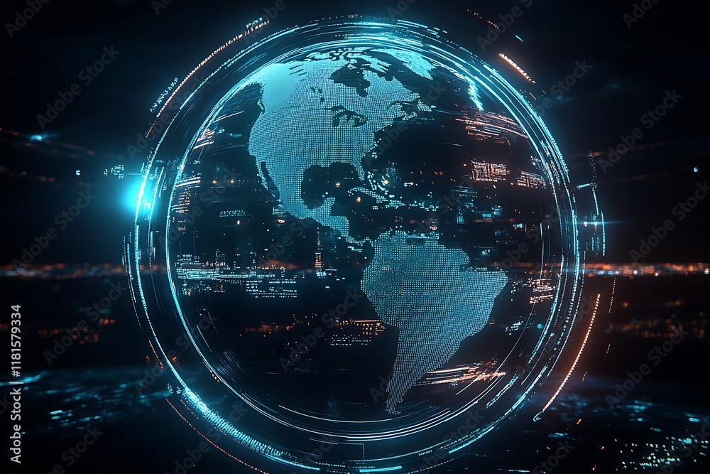 Obraz premium High-Tech Global Network Concept with a Blue Digital Earth Grid Interface : Generative AI