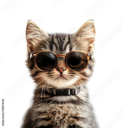 Tabby kitten wearing sunglasses, cute stylish cat posing with fluffy fur, playful pet animal portrait for summer theme isolated on transparent background