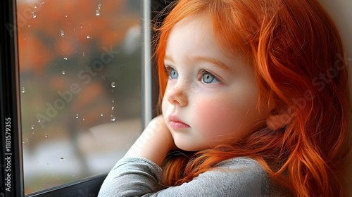 Redhead Child Gazes at Rain...