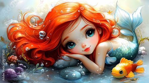 Mermaid Rests on Rocks with...