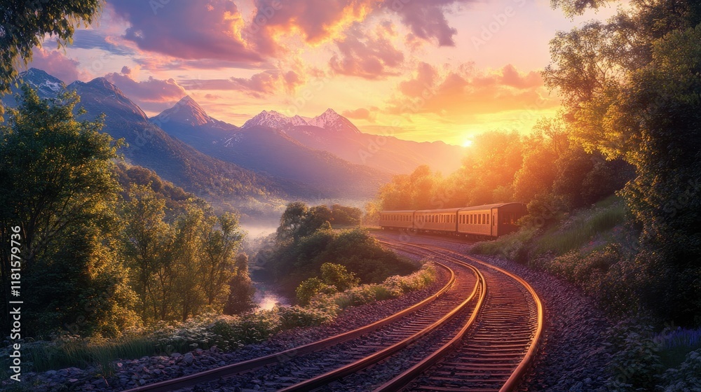 A serene train scene with tracks winding through a picturesque landscape, vibrant sunset hues, and lush trees framing majestic mountains A serene train scene with tracks winding through a picturesque landscape, vibrant sunset hues, and lush trees framing majestic mountains