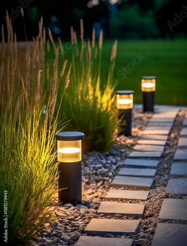 Moderne Gartenbeleuchtung mit Solarlampen am Abend, Generative AI