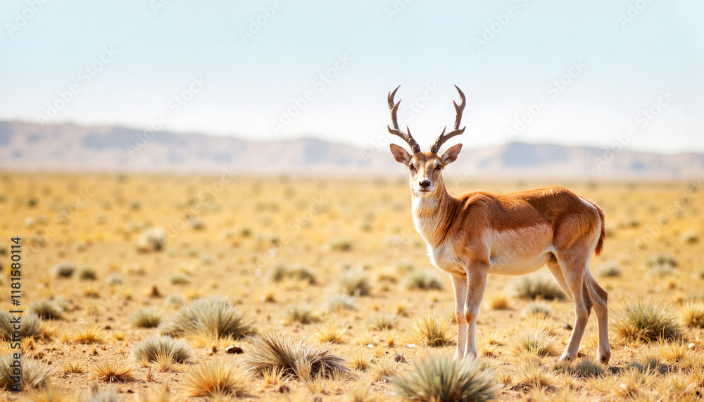 Saiga antelope standing in barren steppe under bright sun, wildlife beauty Saiga antelope standing in barren steppe under bright sun, wildlife beauty