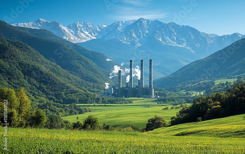 Industrial power plant nestled in a vibrant green valley, with smokestacks and a dramatic mountainous backdrop on a cloudless, sunny day photo