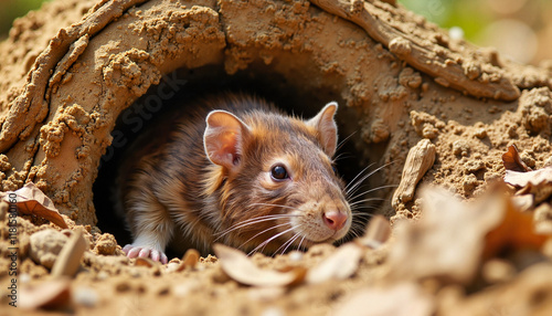 Curious Malagasy giant rat peeking from burrow on forest floor, wildlife exploration photo