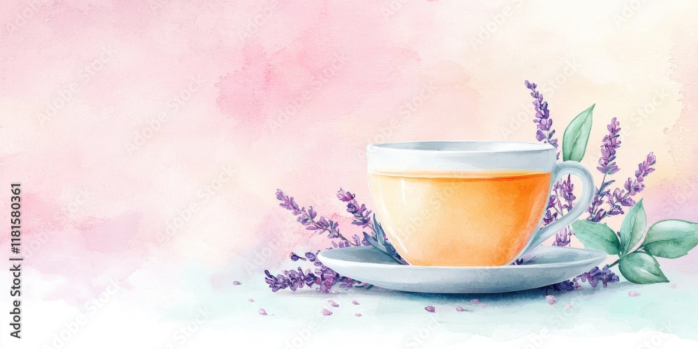 A delicate watercolor illustration of a tea cup on a plate, surrounded by lavender, set against a soft pastel background. A delicate watercolor illustration of a tea cup on a plate, surrounded by lavender, set against a soft pastel background.