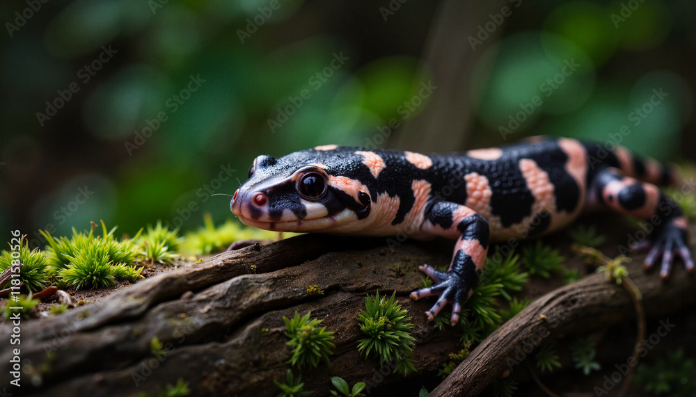 Marbled salamander exploring mossy log in twilight forest, nature's beauty Marbled salamander exploring mossy log in twilight forest, nature's beauty