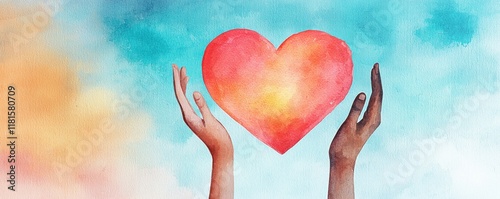 Two hands hold a vibrant heart against a colorful sky, symbolizing love, care, and connection.