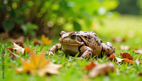 Cane toad resting in grassy garden surrounded by leaves, tranquility photo