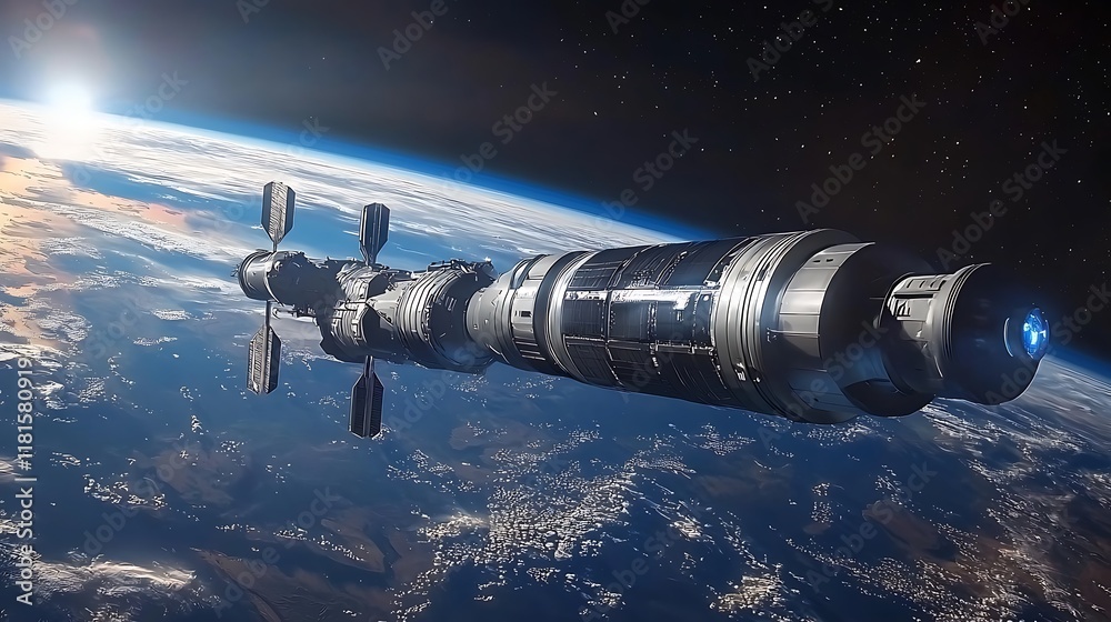 Obraz premium Futuristic spacecraft orbiting Earth.