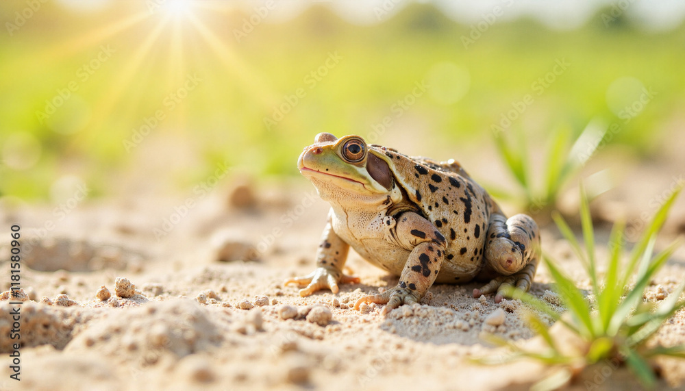 Fototapeta premium Natterjack toad basking under sunlight on sandy ground, nature's peace
