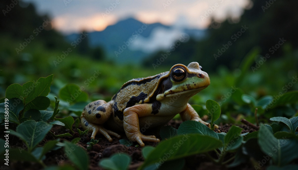 Fototapeta premium Peruvian frog observing twilight in lush foliage, nature's beauty