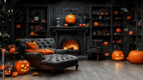 Spooky Halloween Decor Transforms Room into Eerie Abode with Pumpkins photo