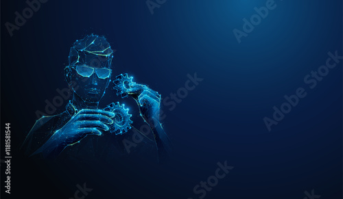 Abstract illustration of low poly engineer developer assemble cogwheel gears mechanism. Blue geometric background depicting innovation development, industrial engineering concept by wireframe mesh