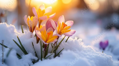 Snowdrops bloom through snow against spring landscape in warm sunny rays, awakening of nature theme
