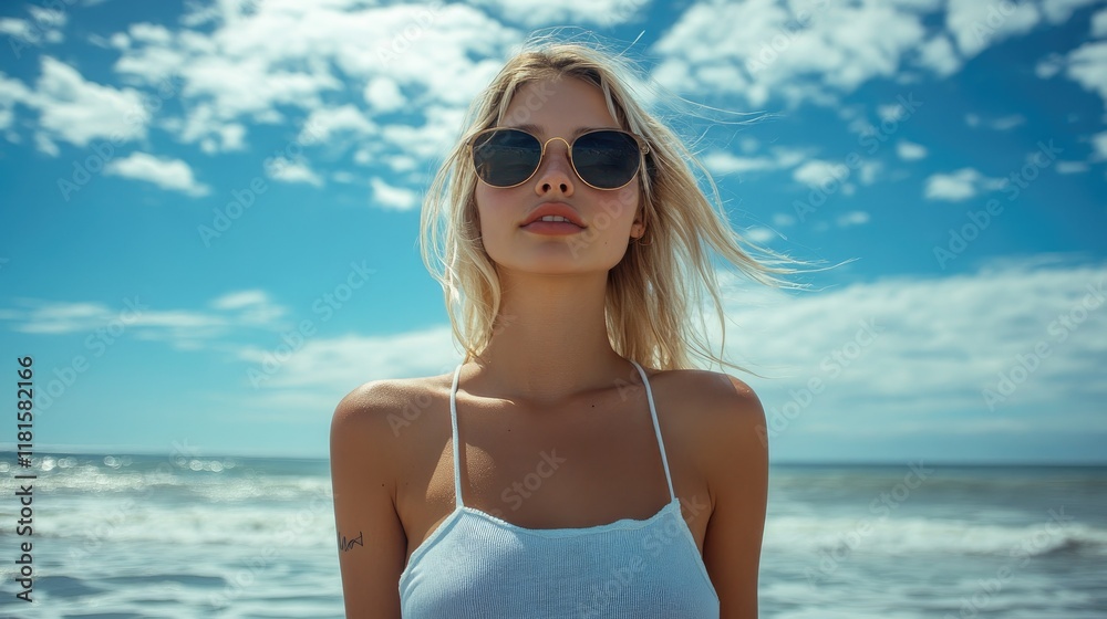 The beach under the blue sky and white clouds and the beautiful woman looking like she is enjoying her holiday The beach under the blue sky and white clouds and the beautiful woman looking like she is enjoying her holiday